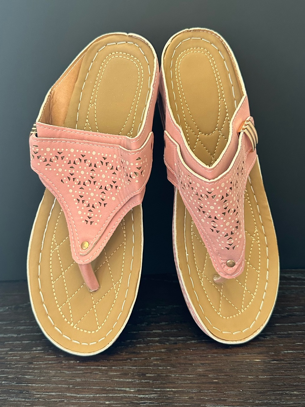 Women's Pink Laser-Cut Thong Sandals with Cushioned Footbed